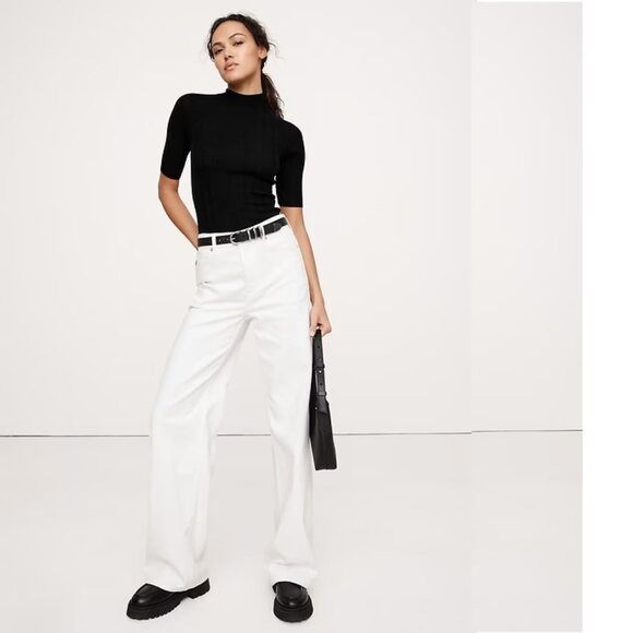 Banana Republic Ribbed Merino Mock-Neck Elbow-Sleeve Sweater Color: Black Size: - Picture 2 of 6